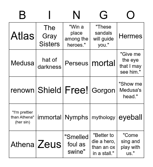 Perseus Bingo Card