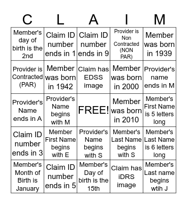 Claims BINGO! Bingo Card
