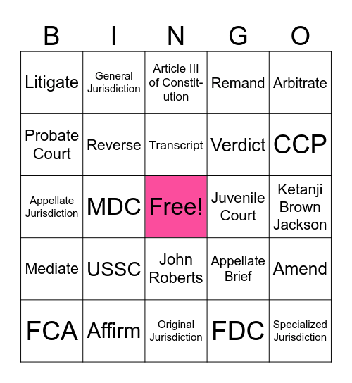 Business Law 1 - Unit 1 Quiz - Court Systems Bingo Card