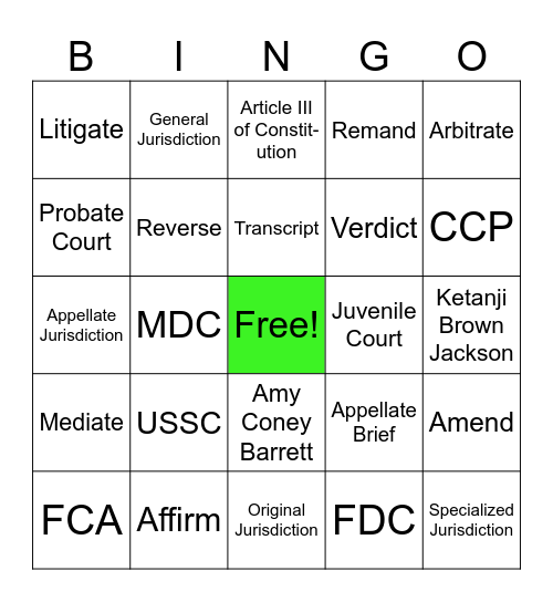 Business Law 1 - Unit 1 Quiz Bingo Card