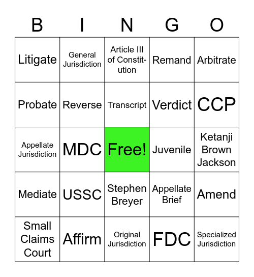 Legal Systems - Unit 1 Quiz Bingo Card
