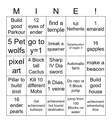 Minecraft Challenge 1.16.4 Bingo Card