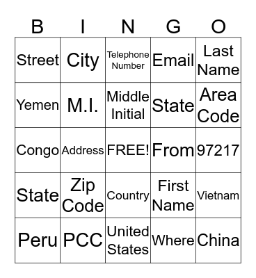 Contact Information Bingo Card