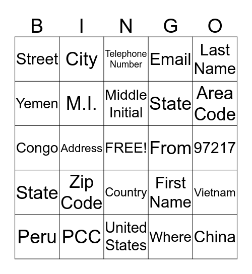 Contact Information Bingo Card