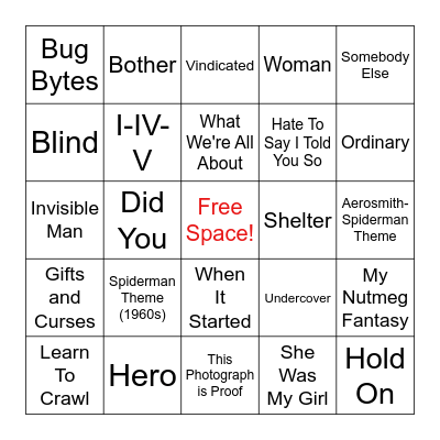 Spiderman Music Bingo Card