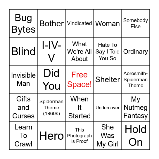 Spiderman Music Bingo Card