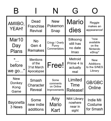 Nintendo Direct - Loop Version Bingo Card