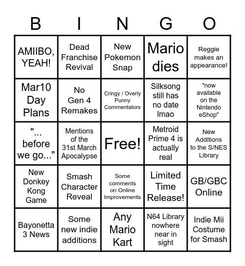 Nintendo Direct - Loop Version Bingo Card