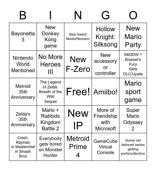 Nintendo Direct – February 17th, 2021. Bingo Card