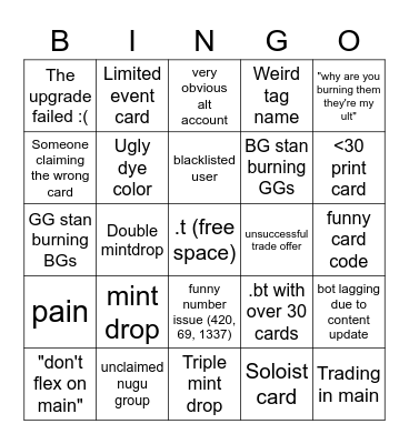 Zephyr bingo Card