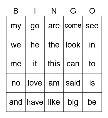 Sight Words 1 Bingo Card
