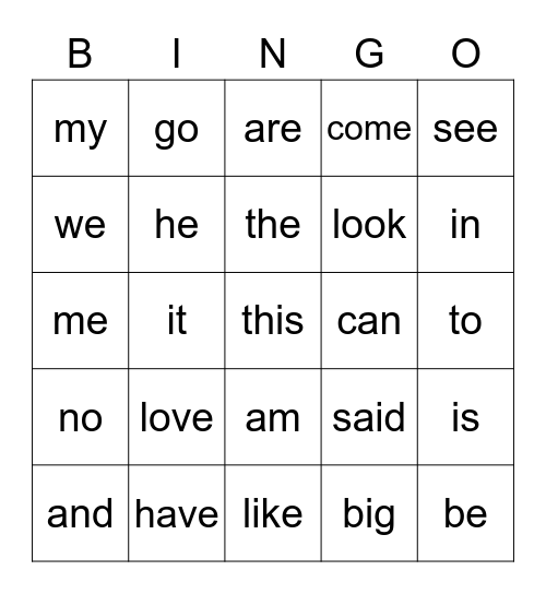 Sight Words 1 Bingo Card