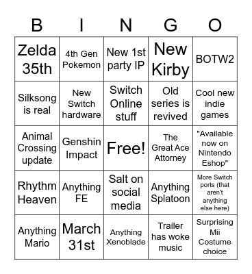 17th Feb Nintendo Direct bingo Card