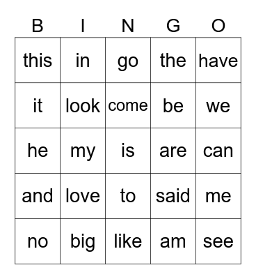 Sight Words 1 Bingo Card