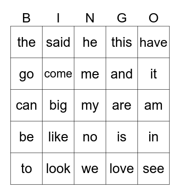 Sight Words 1 Bingo Card