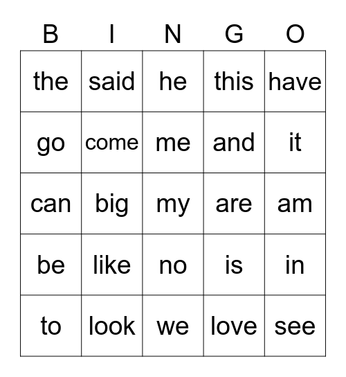 Sight Words 1 Bingo Card