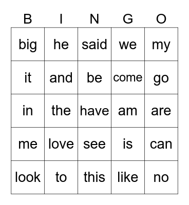 Sight Words 1 Bingo Card