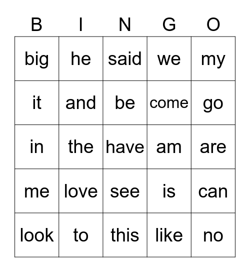 Sight Words 1 Bingo Card