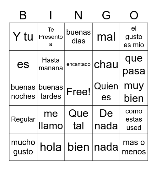 Espanol Bingo Card