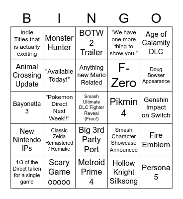 Nintendo Direct FEB 2021 Bingo Card
