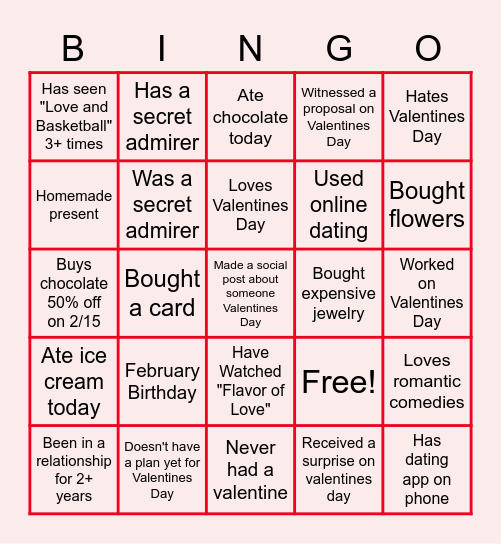 Virtual Valentine's Day Bingo Card