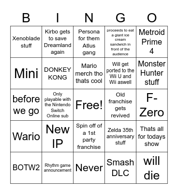 Nintendo Direct Bingo Card