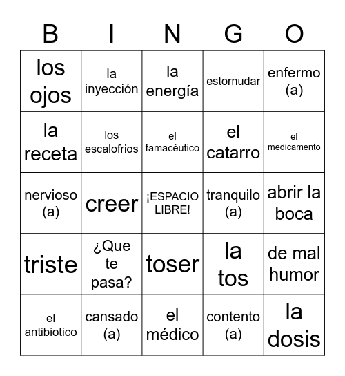 Capítulo 8 - Vocabulario Bingo Card