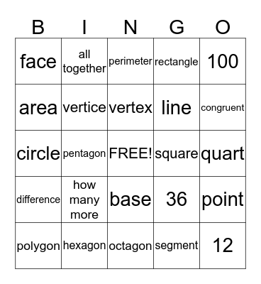 Math Vocabulary Bingo Card