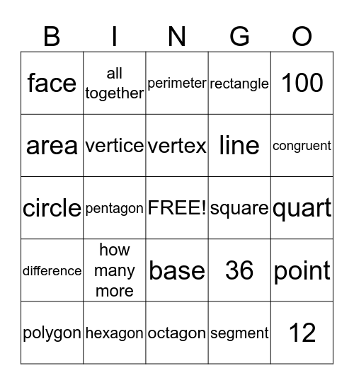 Math Vocabulary Bingo Card