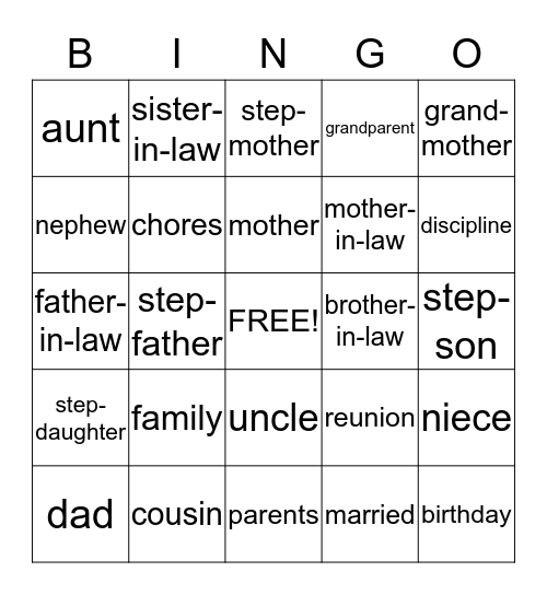 Family Words Bingo Card