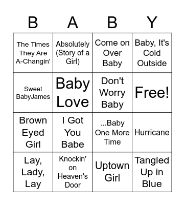 Bob Dylan, Baby! Bingo Card