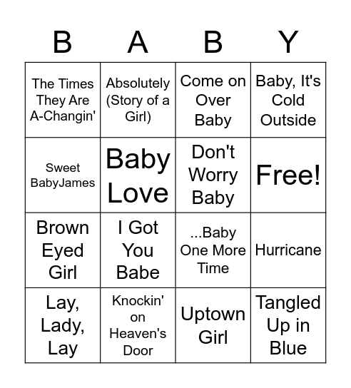 Bob Dylan, Baby! Bingo Card