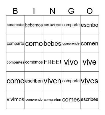 er/ir verbs Bingo Card