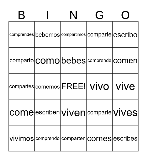 er/ir verbs Bingo Card