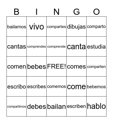 er/ir verbs Bingo Card