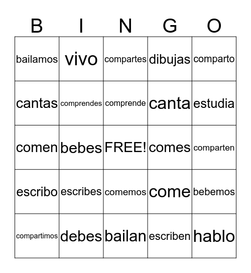 er/ir verbs Bingo Card
