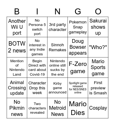 2/17 Nintendo Direct Bingo Card