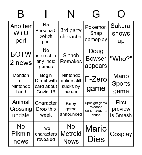 2/17 Nintendo Direct Bingo Card