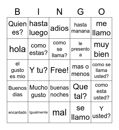 Spanish Bingo Card