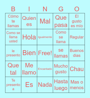 Spanish Study Bingo Card