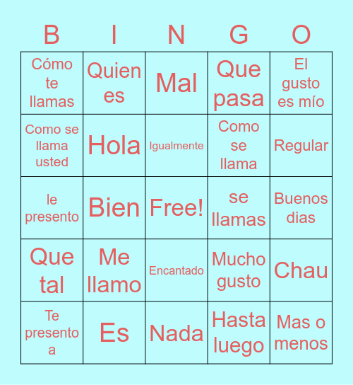 Spanish Study Bingo Card