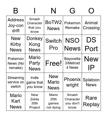 Nintendo Direct Bingo Card