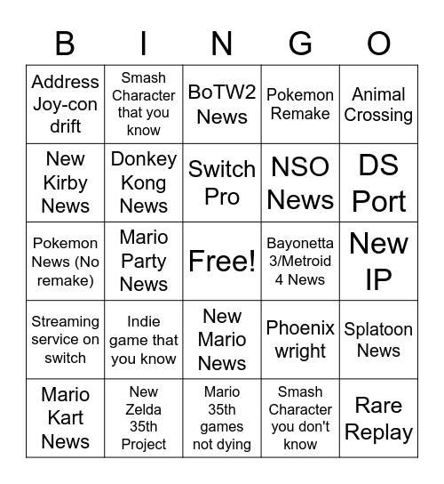 Nintendo Direct Bingo Card