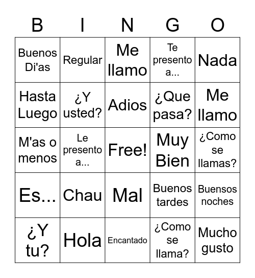 Spanish Bingo Card