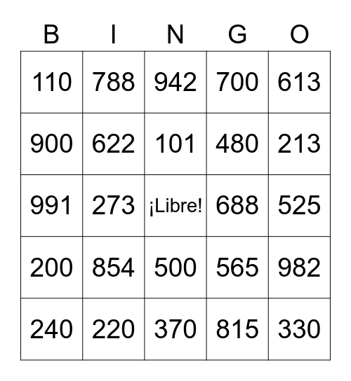 Números 100-1,000 Bingo Card
