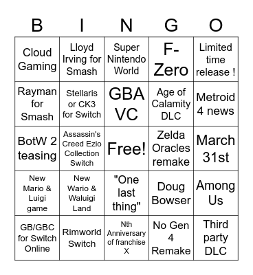 Nintendo Direct 02/2021 Valentin Bingo Card