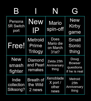 Nintendo Direct Bingo Card