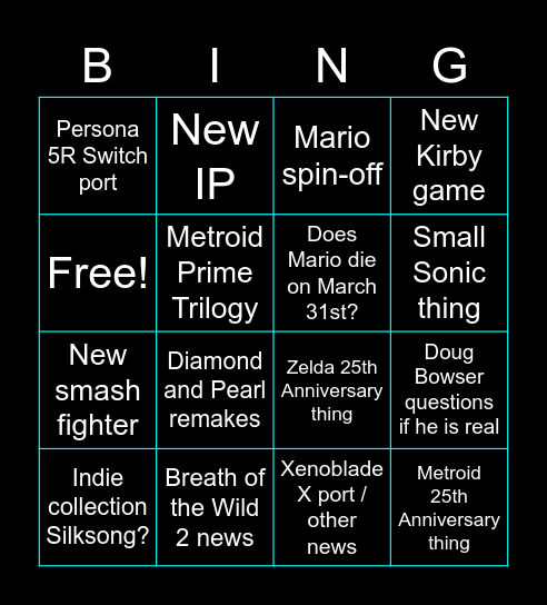 Nintendo Direct Bingo Card