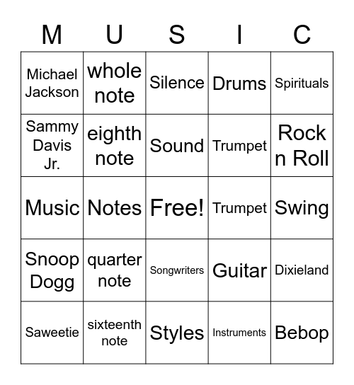 Music Topics Bingo Card