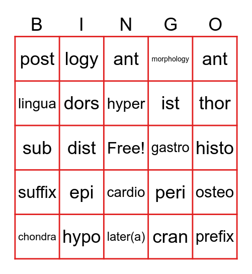 IDP Medical Terminology Unit 1 Directional Terms Bingo Card